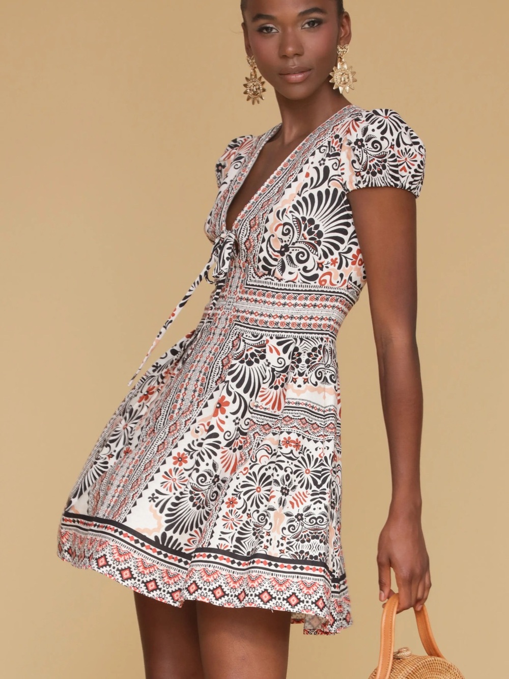Avec Les Filles Casablanca Tile Linen Blend Mini Dress Size 4 NWT